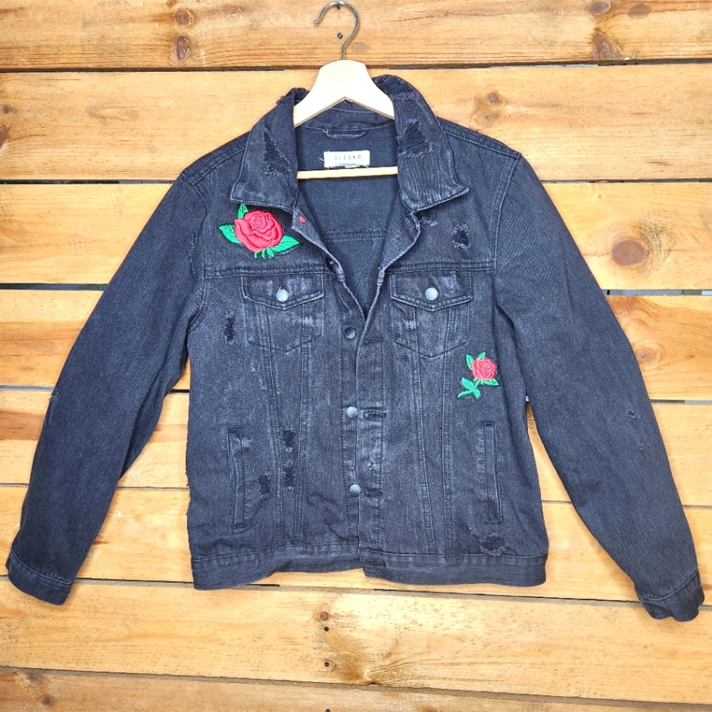🔥 Ci Sono Womens Distressed Denim Jacket Black S Embroidered Rose